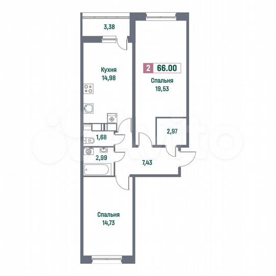 2-к. квартира, 66 м², 3/16 эт.