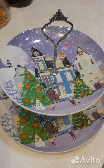 Тарелка этажерка двухярусная Новогодний город