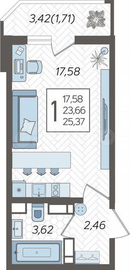 Квартира-студия, 25,4 м², 21/25 эт.
