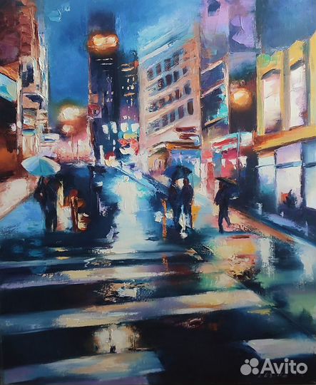 Картина маслом на холсте Ночной город 60/50 см