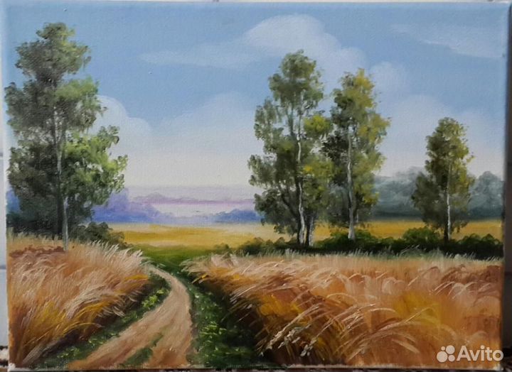 Дорога через пшеничное поле. 18х24см. х/м