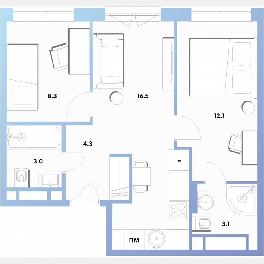 2-к. квартира, 47,3 м², 12/14 эт.