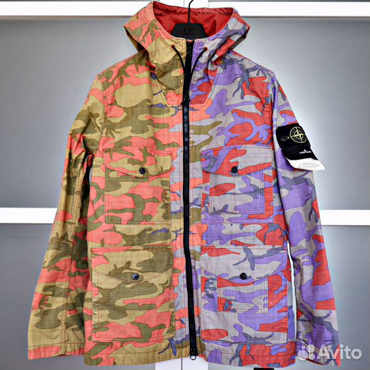 Stone island camouflage print hooded jacket
