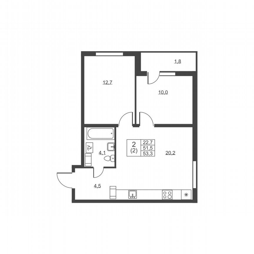 2-к. квартира, 53,3 м², 2/8 эт.