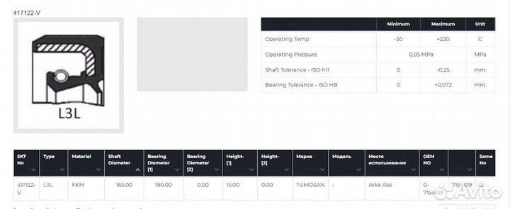 Сальник 165*190*15 (417122-V) Type L3L