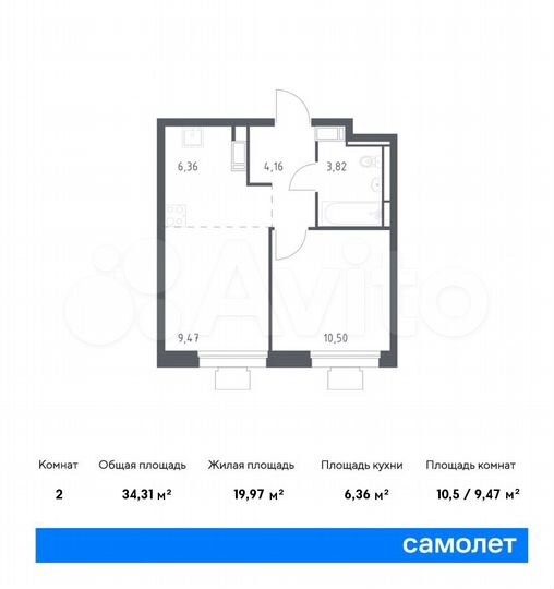 2-к. квартира, 34,3 м², 2/17 эт.
