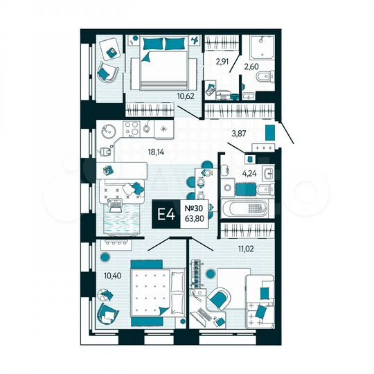 3-к. квартира, 63,8 м², 3/15 эт.