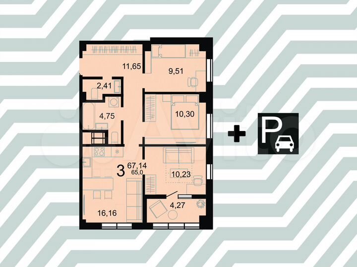 3-к. квартира, 67,1 м², 7/23 эт.