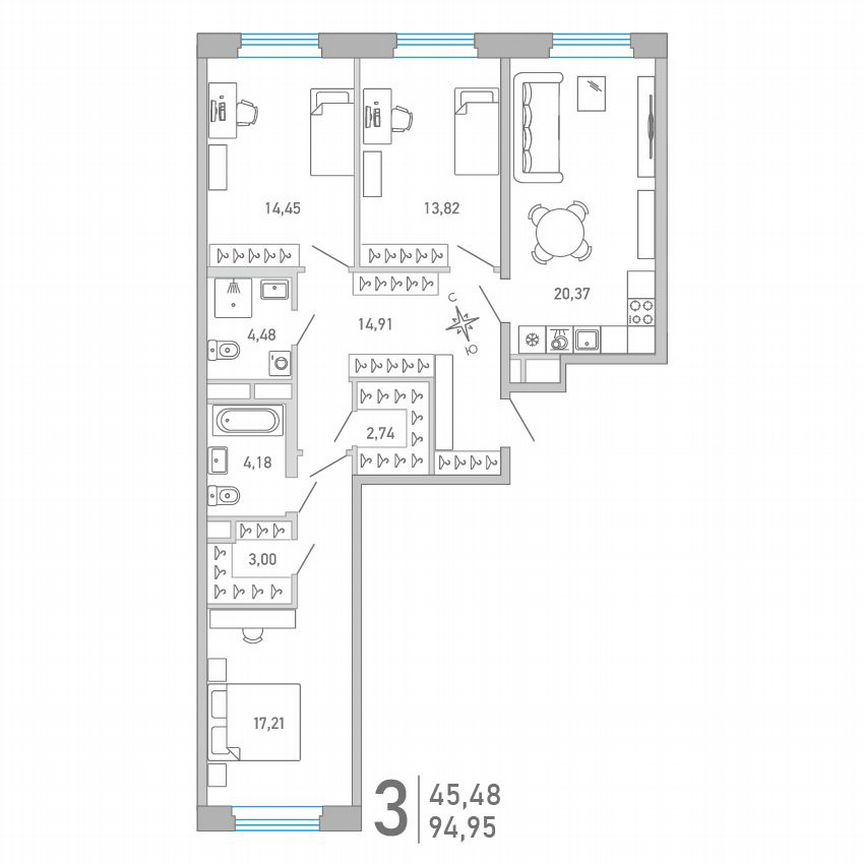 3-к. квартира, 95 м², 6/10 эт.