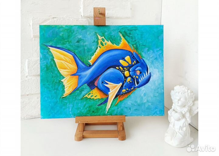 Картина с рыбой Рыба пиранья 30х40 холст масло