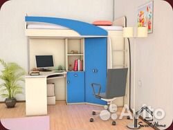 Кровать-чердак синего цвета б/у 3 года