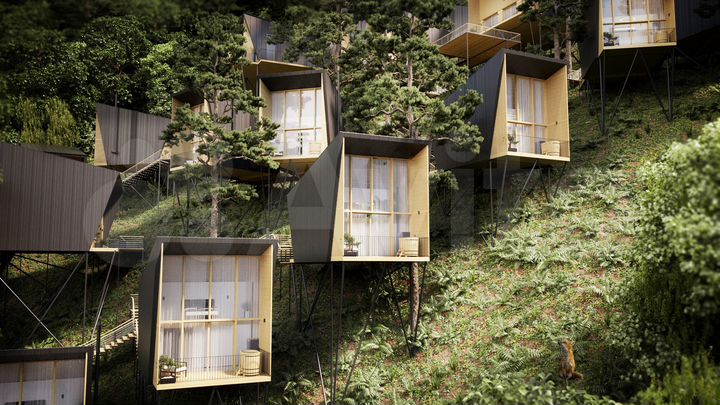 Глэмпинг отель с видом на лес и горы