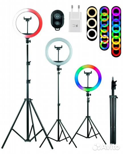 Кольцевая лампа 26 см + штатив разноцветный свет M