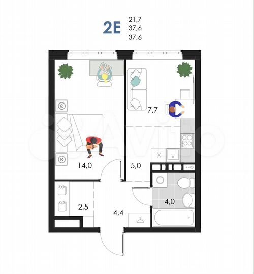 2-к. квартира, 37,6 м², 4/6 эт.