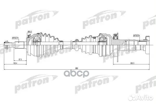 Полуось правая 38X860X63,2X26 VW transporter V 2,0