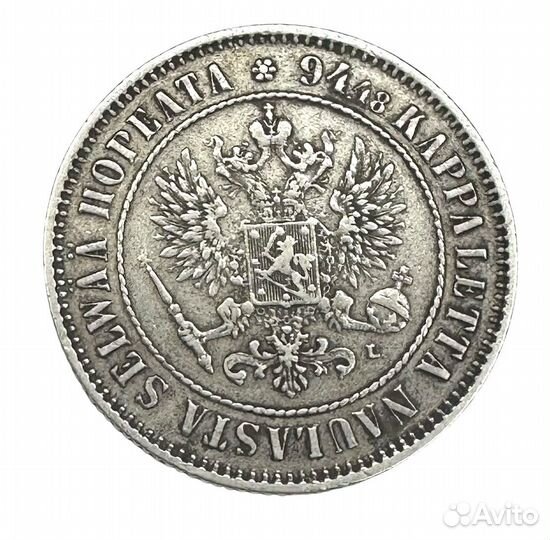 Монета 1 марка 1892 г., Финляндия, Серебро 0.868