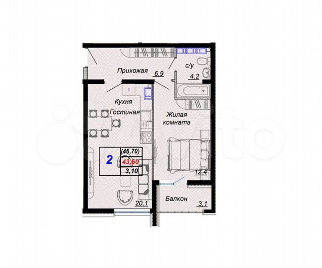 2-к. квартира, 46,7 м², 3/16 эт.