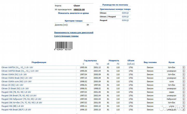 Прокладка ГБЦ Peugeot 306 1.8 16V (XU7JP4) 95