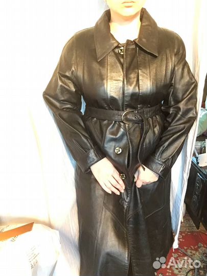 Винтажный кожаный черный плащ 44-46