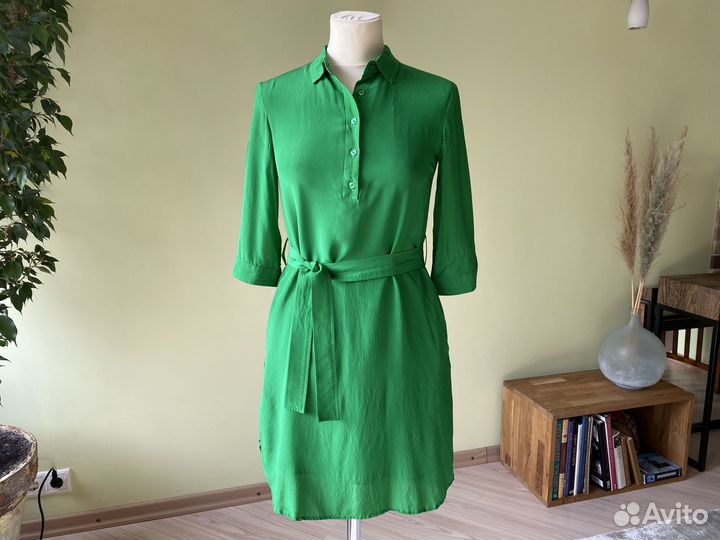 Платье-рубашка зелёное шёлковое (XS)