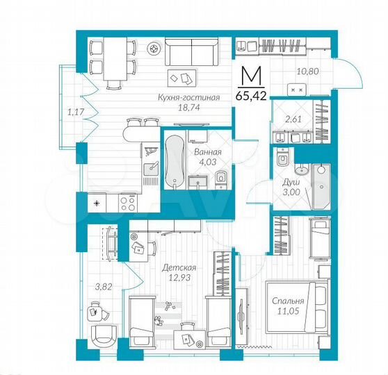 2-к. квартира, 65,4 м², 3/25 эт.