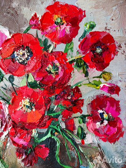 Картина маслом маки полевые цветы букет 40х30 см