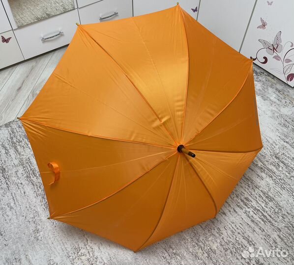 Зонт трость оранжевый с деревянной ручкой