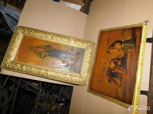 2 Антикварные картины на фанере работники в поле
