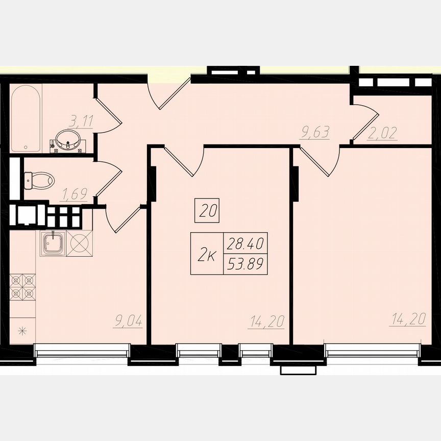 2-к. квартира, 38,8 м², 3/4 эт.
