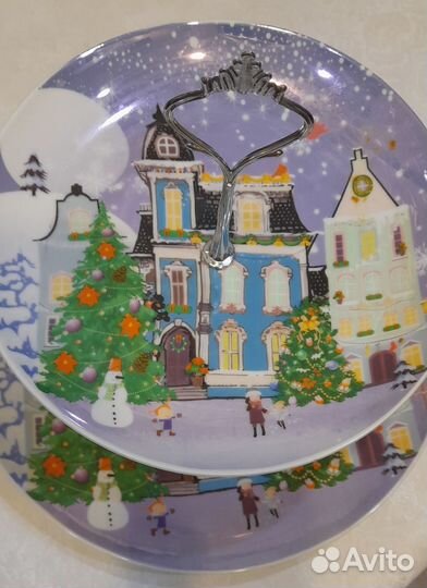 Тарелка этажерка двухярусная Новогодний город