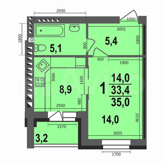 1-к. квартира, 35 м², 2/5 эт.