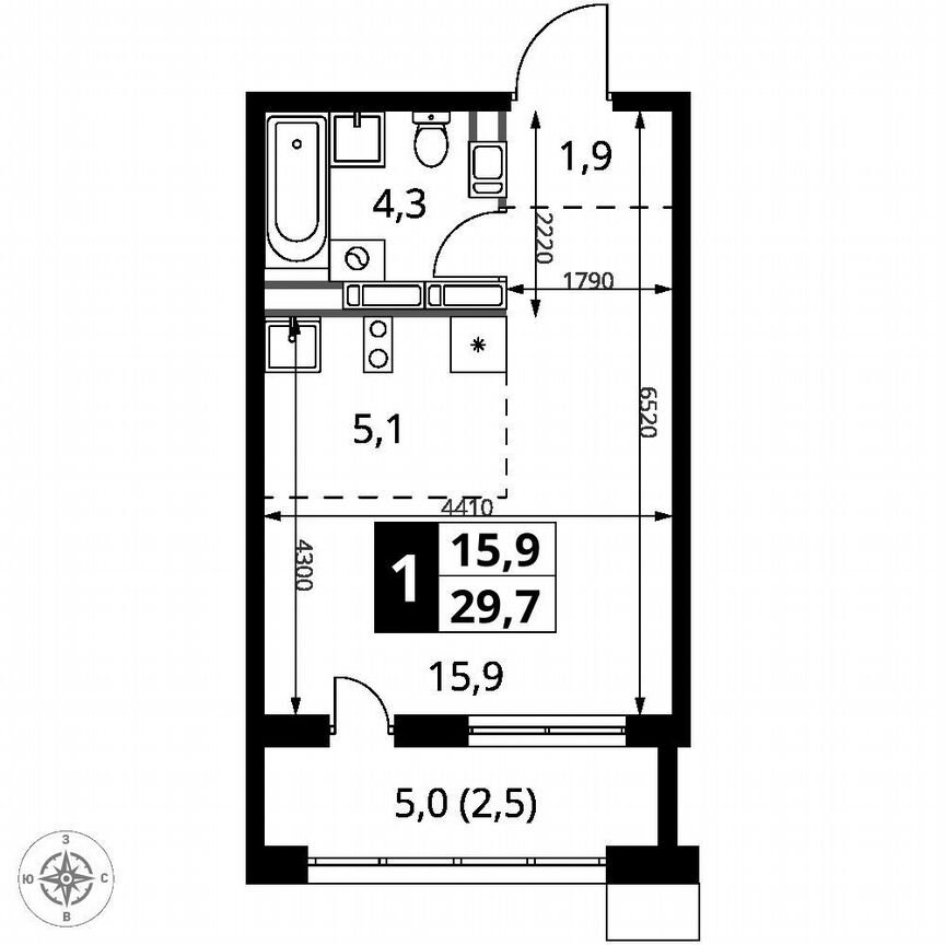 Квартира-студия, 29,7 м², 23/25 эт.