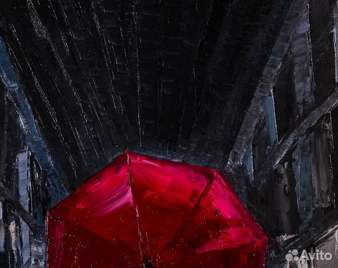 Картина оригинал человек с красным зонтом пейзаж