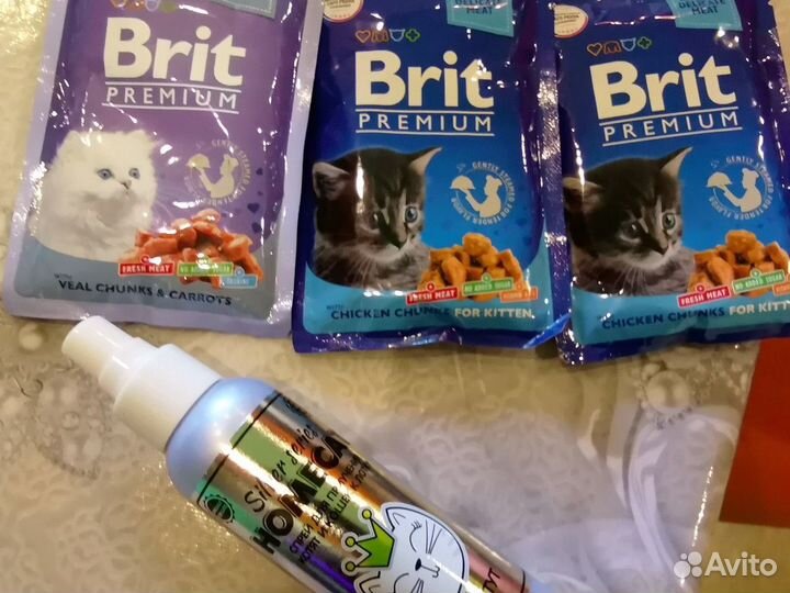 Корм для кошки и спрей для приучения к лотку