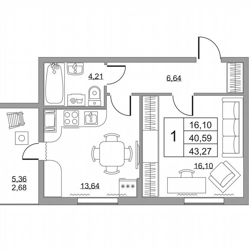 1-к. квартира, 43,3 м², 11/19 эт.