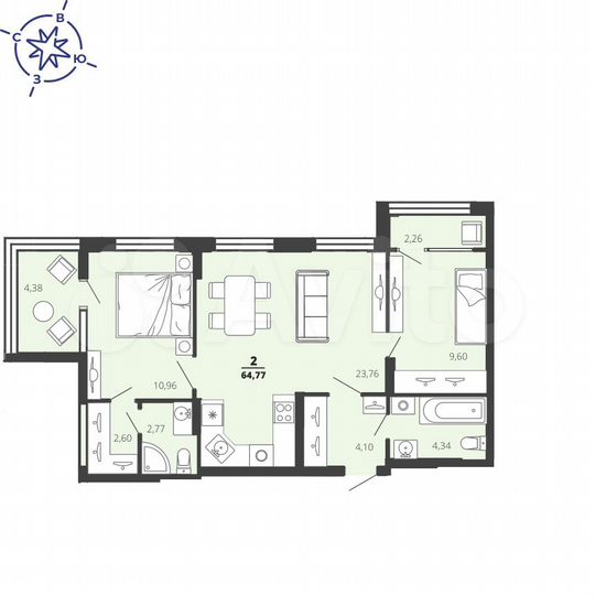 2-к. квартира, 64,8 м², 1/22 эт.
