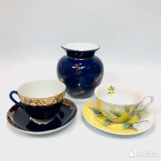 Ваза и чайная пара, кобальт