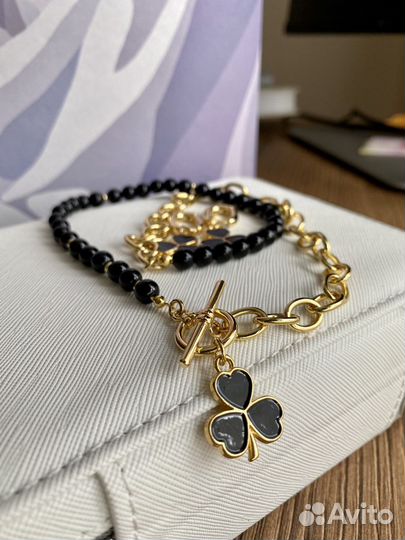 Ожерелье и серьги из черного агата