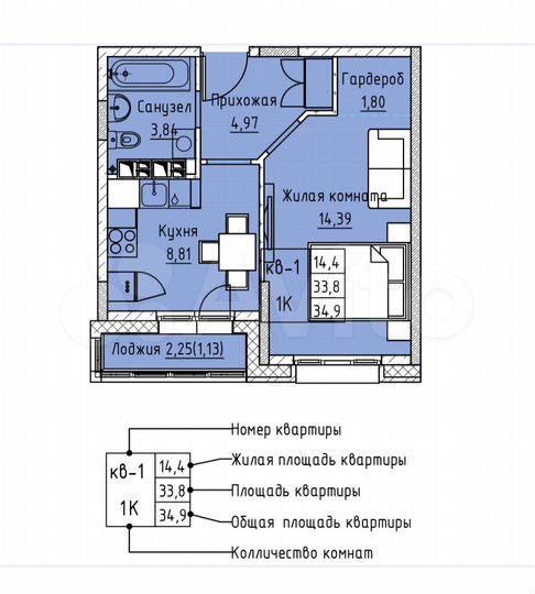 1-к. квартира, 34,9 м², 3/12 эт.
