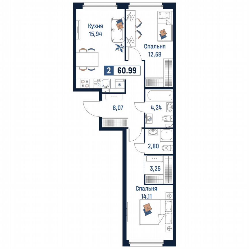 2-к. квартира, 61 м², 2/18 эт.