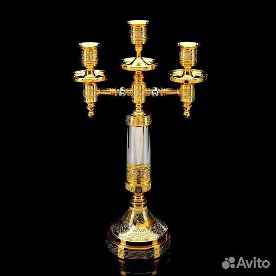 Канделябр подсвечник 3 рожковый золото гравировка