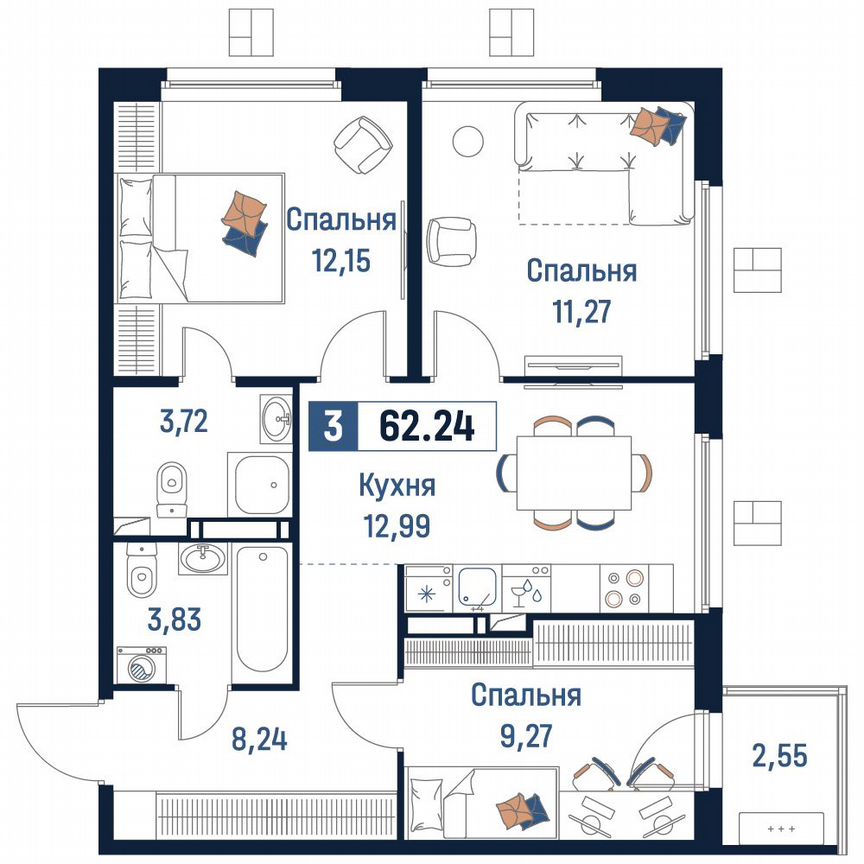 3-к. квартира, 62,2 м², 10/18 эт.