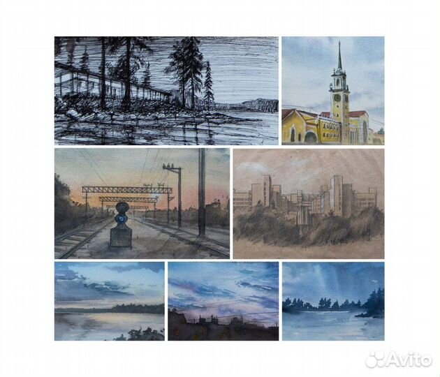 Пейзажи и городские пейзажи, без рамы, А4 и меньше