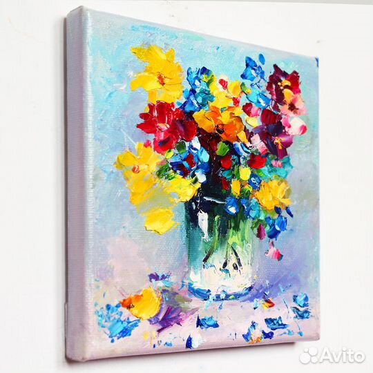 Картина маслом на холсте в раме Цветы букет в вазе