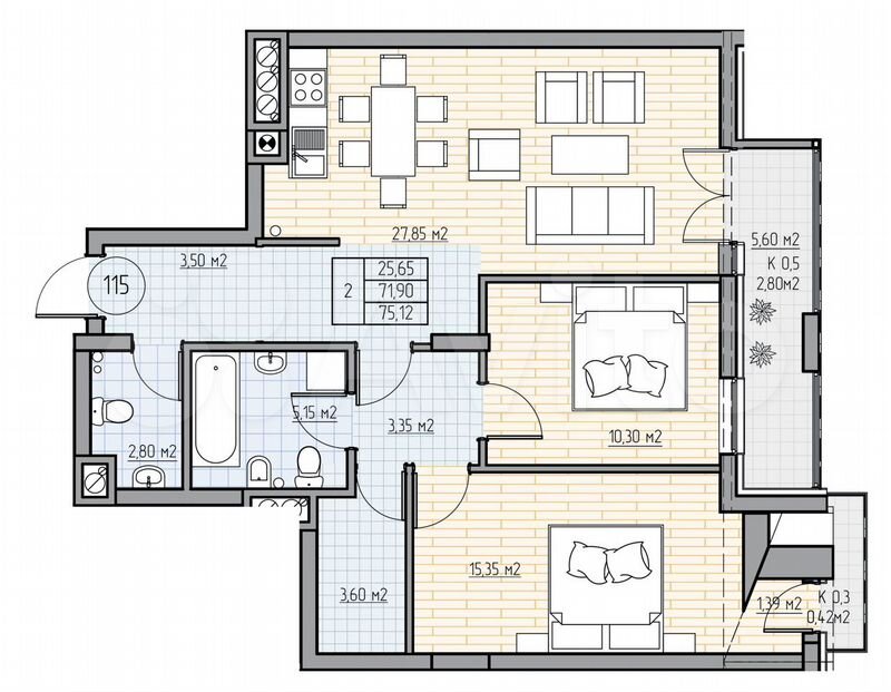 2-к. квартира, 75,2 м², 7/7 эт.