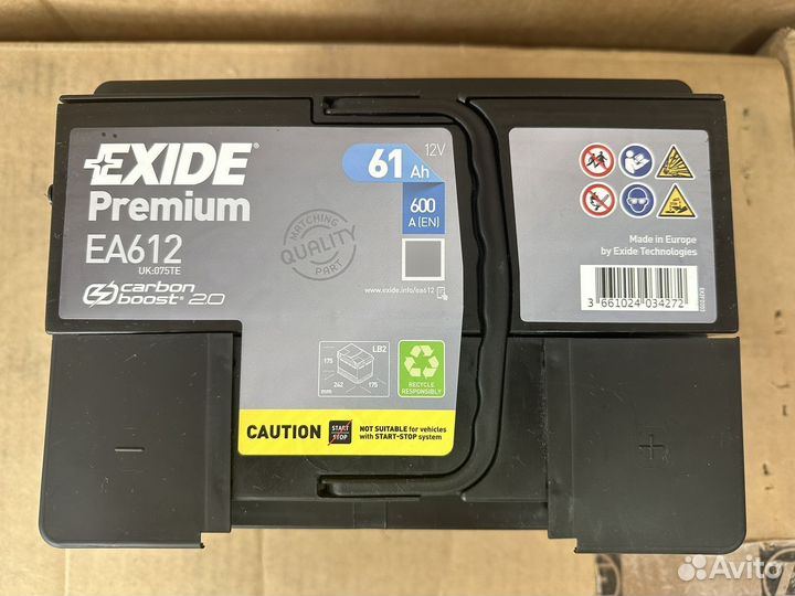 Аккумулятор exide premium EA612 R+ 61Ah 600А (En)