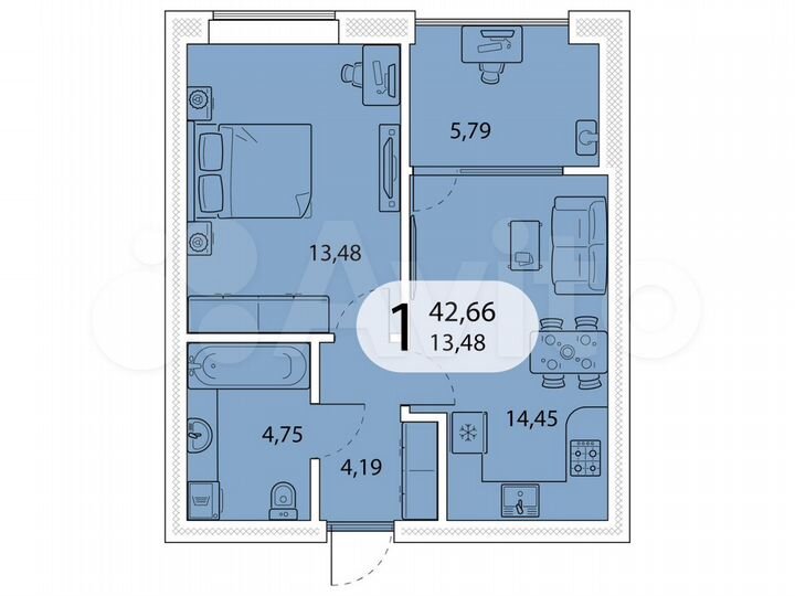 1-к. квартира, 42,7 м², 4/5 эт.