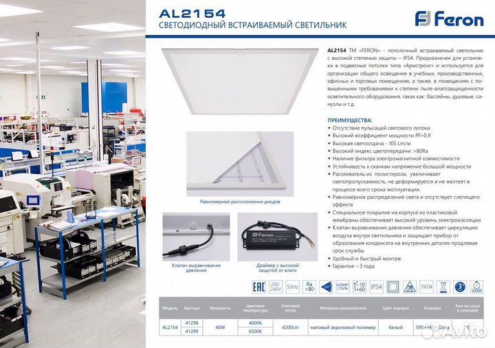 Светодиодная панель Feron AL2154 40W 6500K 41299