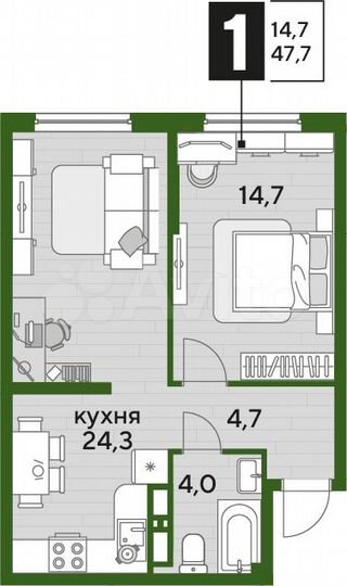 1-к. квартира, 47,7 м², 13/16 эт.