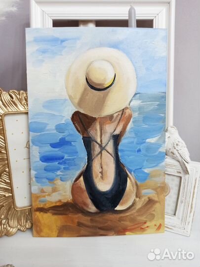 Картина девушка пляж море масло холст живопись